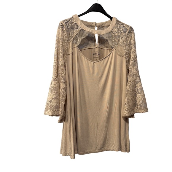 torrid Tops - Torrid Super Soft Knits Tan Beige Lace Bell‎ Sleeve Cutout Top Plus Size 2 2X